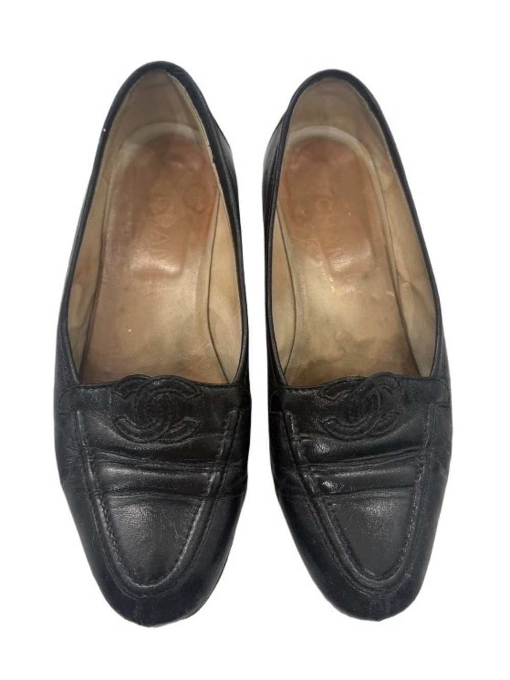 CHANEL Black Leather CC Logo Loafers